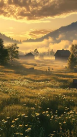 Golden rural valley at sunrise with mist and wildflowers.