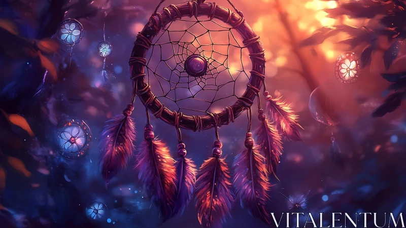 Dreamcatcher glows in a mystical forest at vibrant twilight