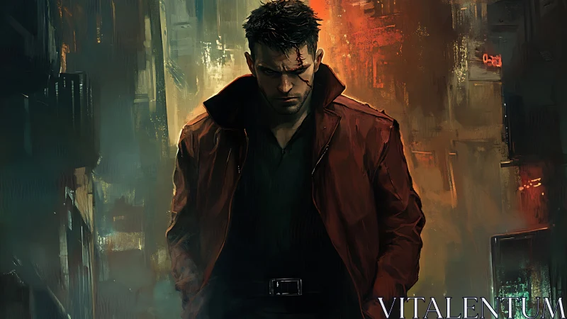 Brooding wounded man walks through moody neon city alley