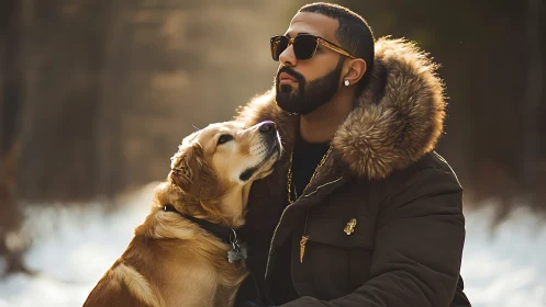 Winter portrait of stylish man and golden retriever companion