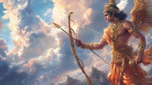 Winged celestial archer aims gilded bow against radiant sky