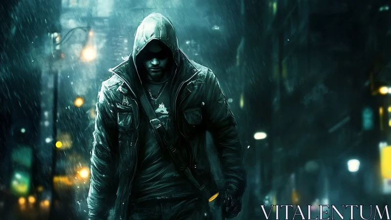 Hooded vigilante strides through neon rain-soaked city streets.