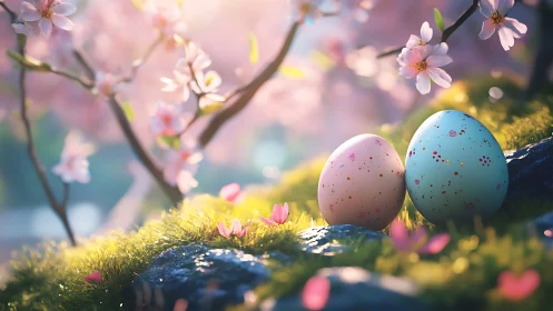 Speckled pastel eggs under bokeh‑lit cherry blossoms in spring.