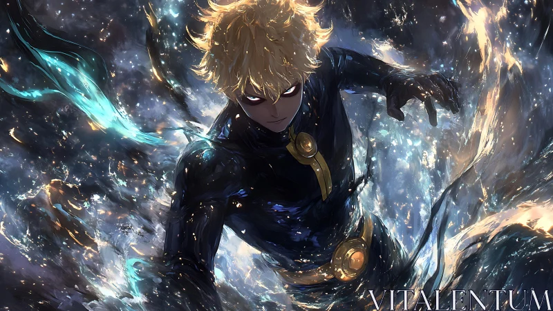 Blond anime figure in dark suit within swirling energy field.