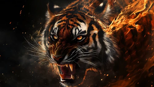 Roaring tiger erupts from swirling fire with primal intensity