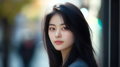 Soft street portrait captures calm, luminous expression beautifully.