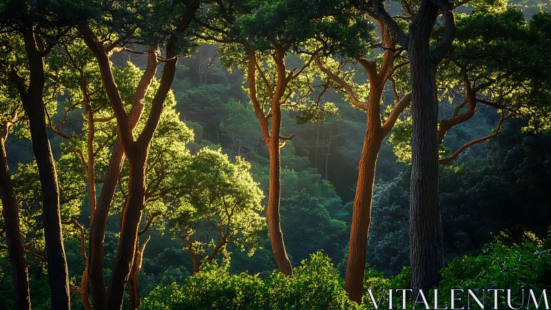 Sunlit forest trees with layered green foliage and trunks.