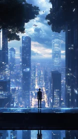 Solitary figure over luminous cyberpunk megacity at dusk