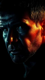 Cinematic male portrait in split teal and amber lighting.