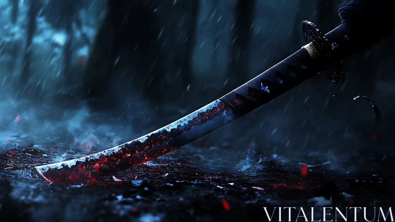 Bloodstained katana glows in a stormy, moonlit forest