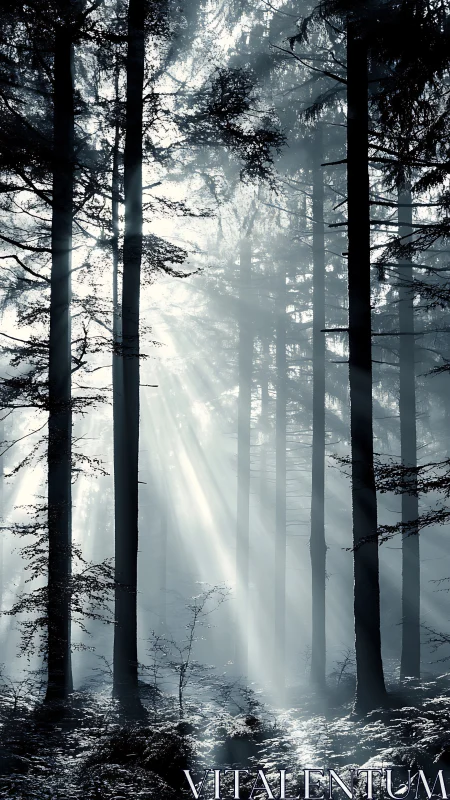 Volumetric Light Rays Through Dense Coniferous Forest with Atmospheric Haze