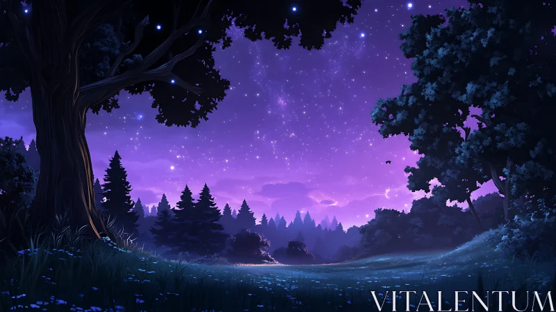 Starlit forest meadow under luminous violet night sky.
