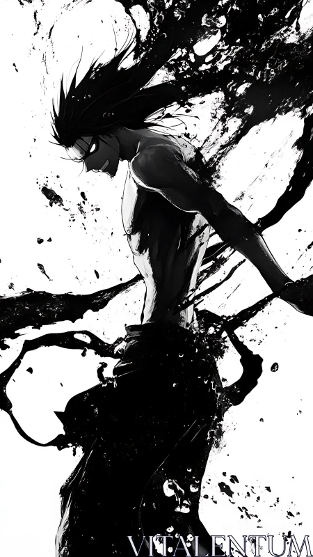 Monochrome ink warrior in dynamic splash silhouette profile