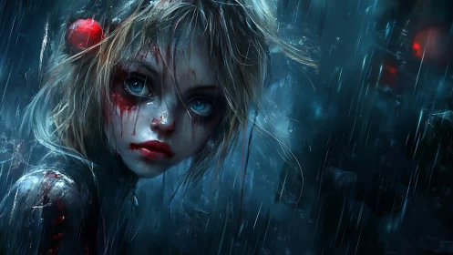 Girl with bloodstained face under blue rain background.