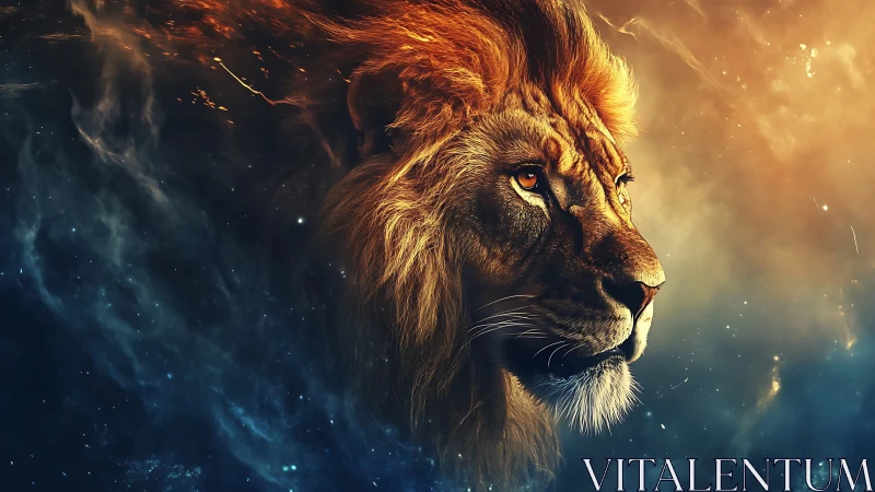 Celestial lion profile amid swirling nebula lightscape.