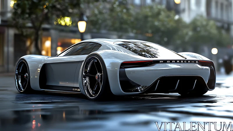 Futuristic Porsche concept car on wet urban street at dusk.