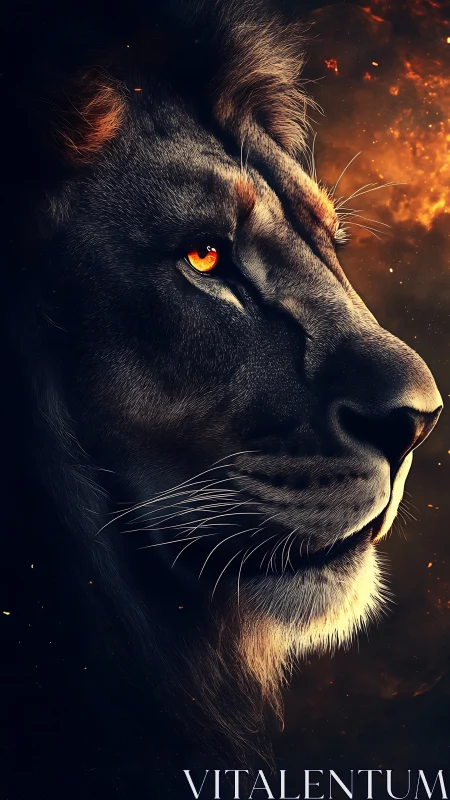 Majestic lion profile against dark fiery backdrop.