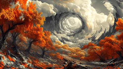 Autumn forest under swirling storm clouds and sky vortex.