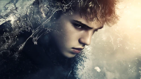 Digital portrait of young male face with abstract liquid effects.