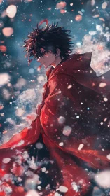 Crimson cloaked hero in swirling bokeh snowfall atmosphere.