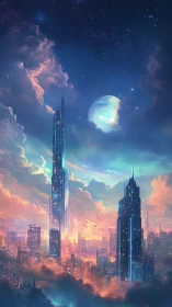 Futuristic neon city skyline under stars and distant moon.