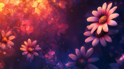 Daisies Blooming Through Luminous Fire and Cosmic Darkness