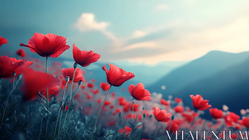 Red poppies in mountainous landscape with atmospheric depth.