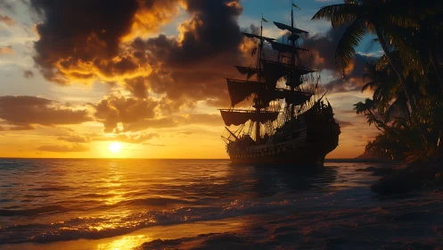 Sailing ship silhouette near tropical shoreline at sunset.