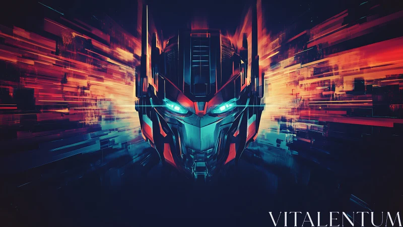 Futuristic robot helmet with glowing blue eyes in motion