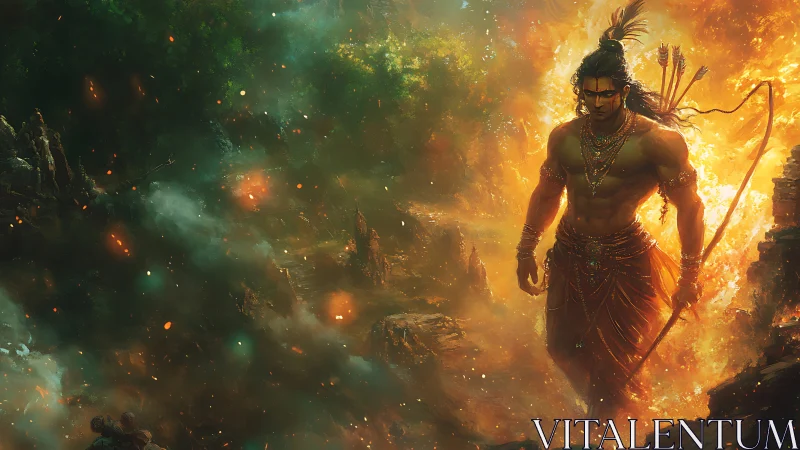 Fiery warrior demigod strides through a burning mythic forest.