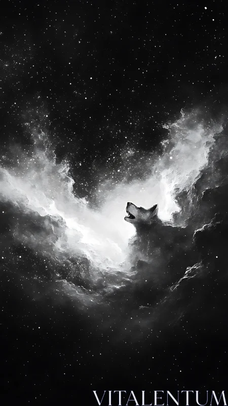 Celestial wolf spirit rises in luminous monochrome nebula