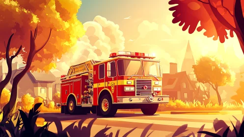 Emergency Response: Red Fire Truck on Golden Hour Rescue Mission.