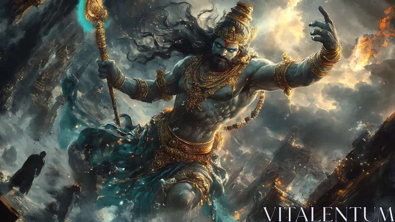 Digital painting of mythic warrior god amid burning citadel.