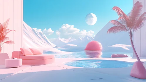Cotton candy lagoon lounge beneath a sugar-glass moon.