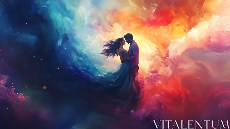 Couple Embracing Within Luminous Cosmic Clouds