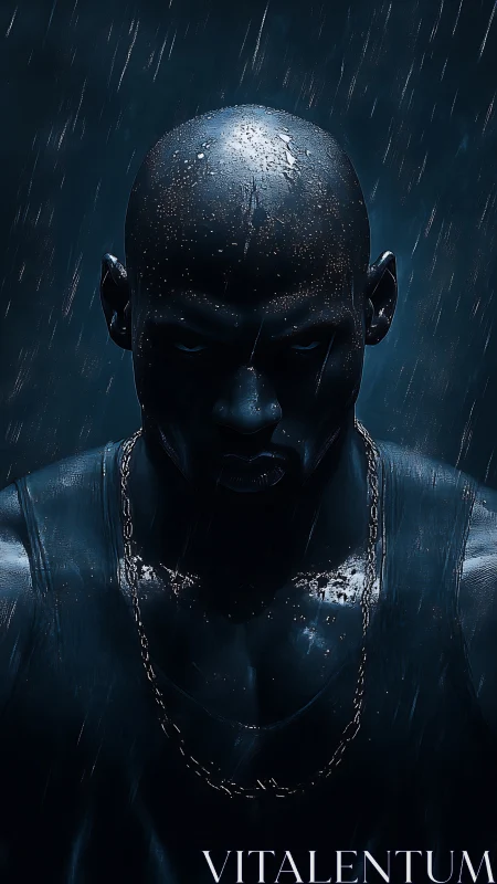 Moody portrait of muscular man in rain with dark lighting.