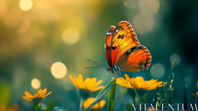 Photorealistic macro of orange butterfly on yellow daisies.
