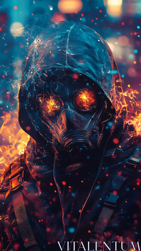 Hooded wanderer with fiery eyes in a glowing city storm.