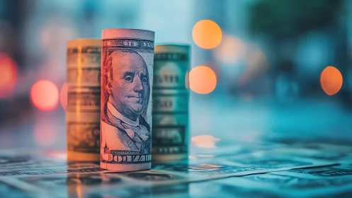 Rolled dollar bills in shallow focus against urban bokeh backdrop