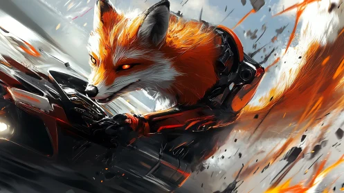 Cybernetic fox rider blasts through abstract inferno.