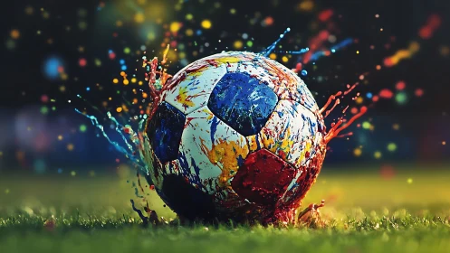 Dynamic photoreal soccer ball with explosive paint splashes.