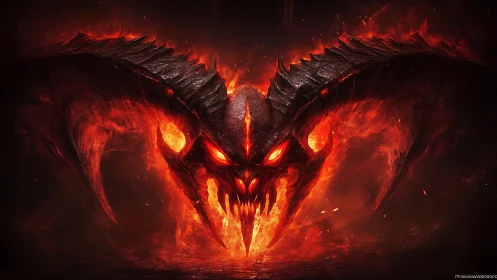 Infernal dragon visage emerging from swirling wildfire flames.