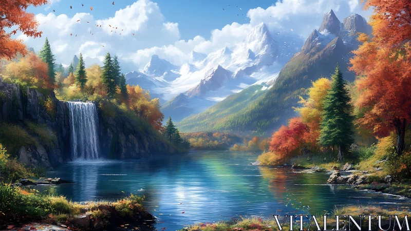 Mountain lake with waterfall and mixed autumn forest is shown