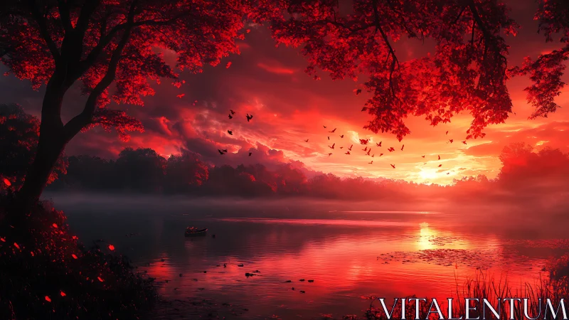 Crimson sunset lake panorama with silhouetted trees and birds