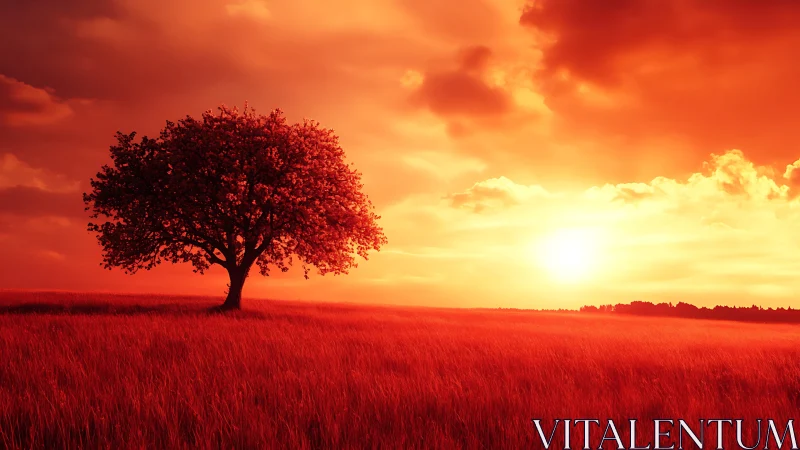 Lone tree glowing in a golden-red sunset field of calm.