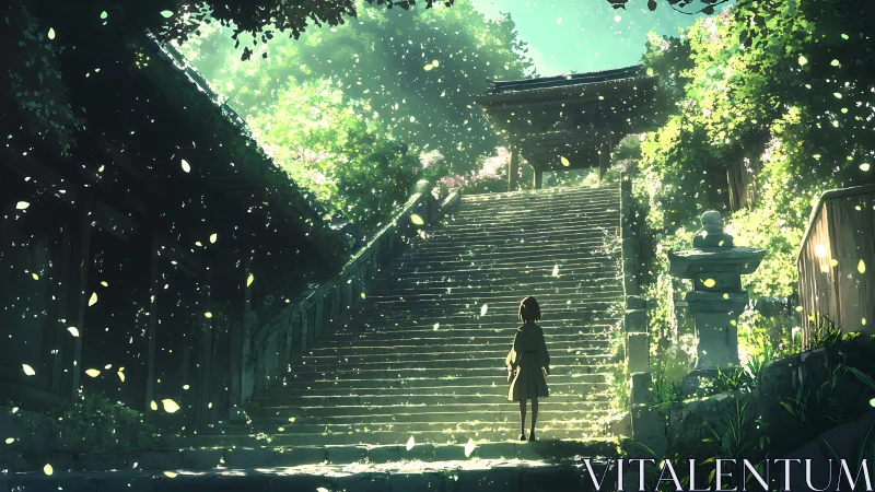 Sunlit shrine stairs cradle a child’s quiet awakening.