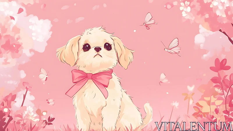 Soft spring puppy daydream with fluttering pink butterflies.