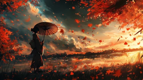 Solitary kimono figure watches autumn leaves in blazing sunset