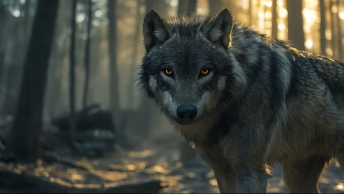 Grey wolf with glowing eyes in misty forest light.
