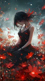 Melancholic girl in dark dress amid luminous red flowers.